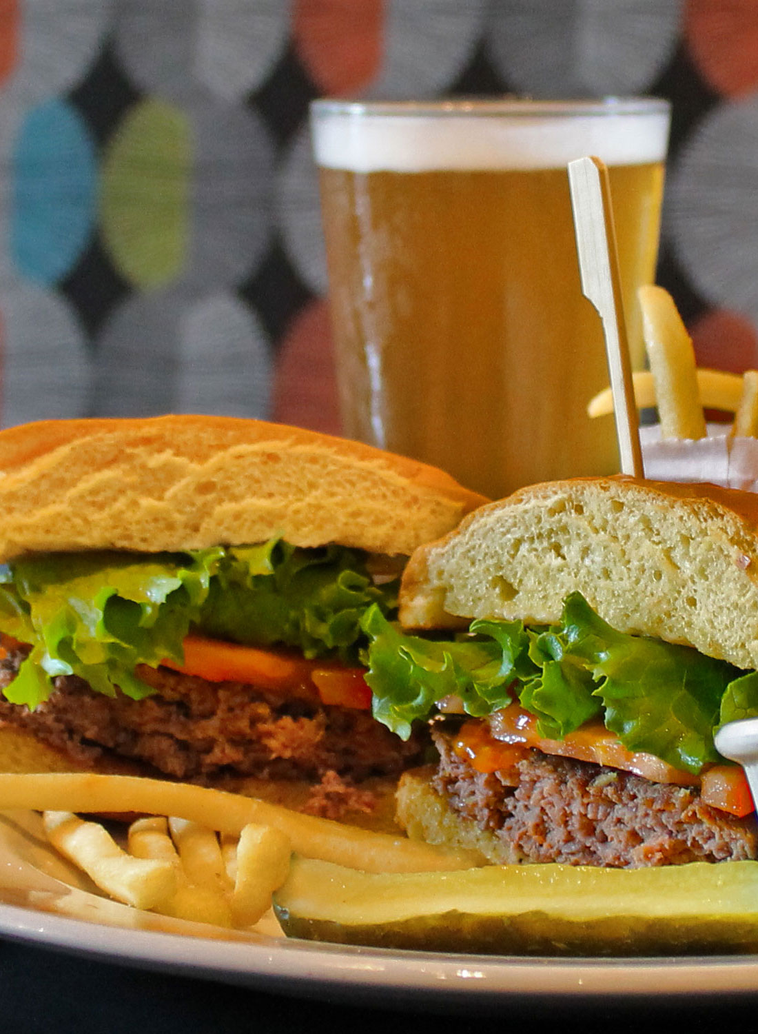 Delicious Tavern Burger with 50th Anniversary Shark Lager